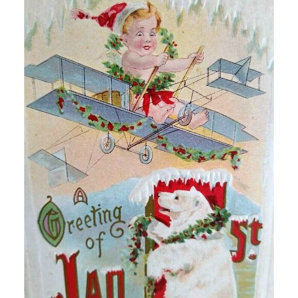 New Years Postcard Polar Bear Baby Flying Airplane Vintage Series 576 J Herman - Picture 1 of 4